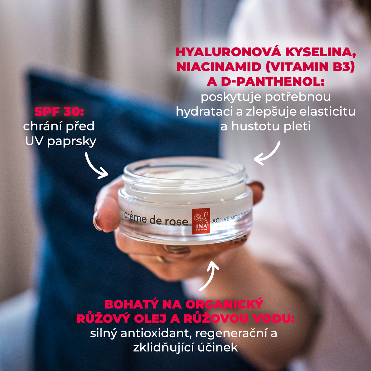 Crème de rose - hydratační krém na obličej s SPF 30 - vysoce obohacený o organický esenciální růžový olej